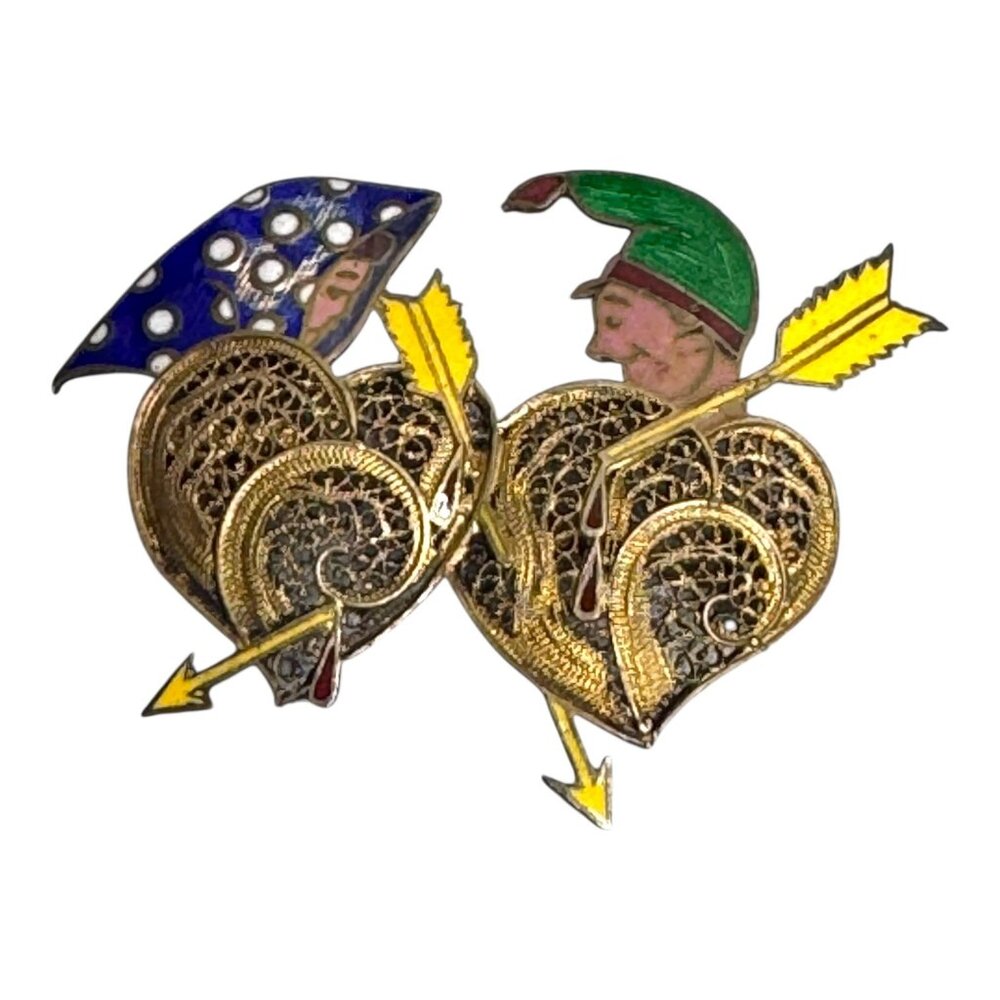 Vintage Topazio Portugal Gold Filigree Enamel Brooch Cupid Hearts Arrows RARE